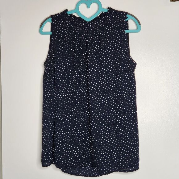 LOFT Blouse Womens Small Navy Blue White Polka Dotted Career Office Ruffle Neck - Picture 1 of 7